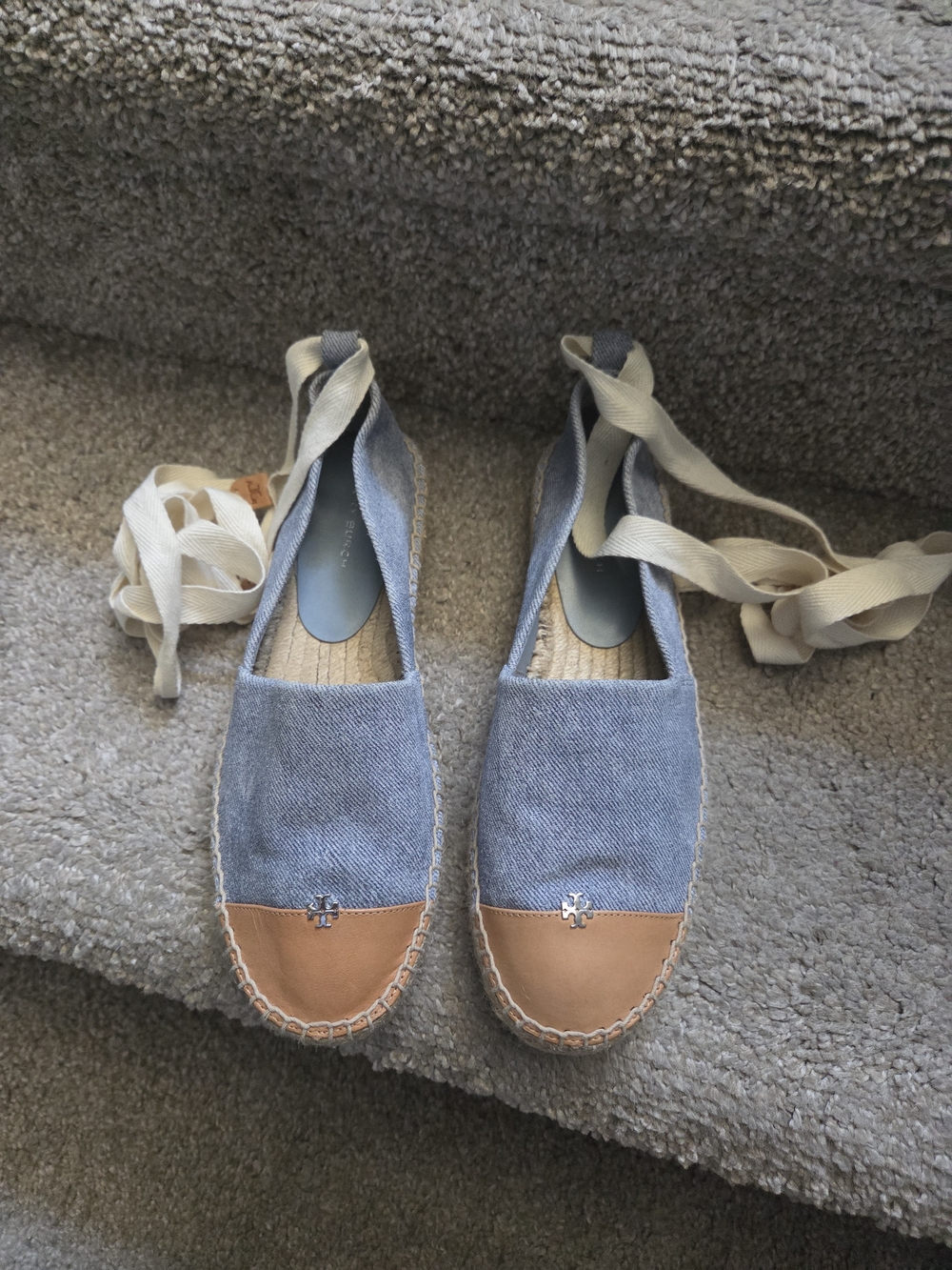 NEW Tory Burch Blue Denim & Tan Leather Espadrille Lace-Up Flats